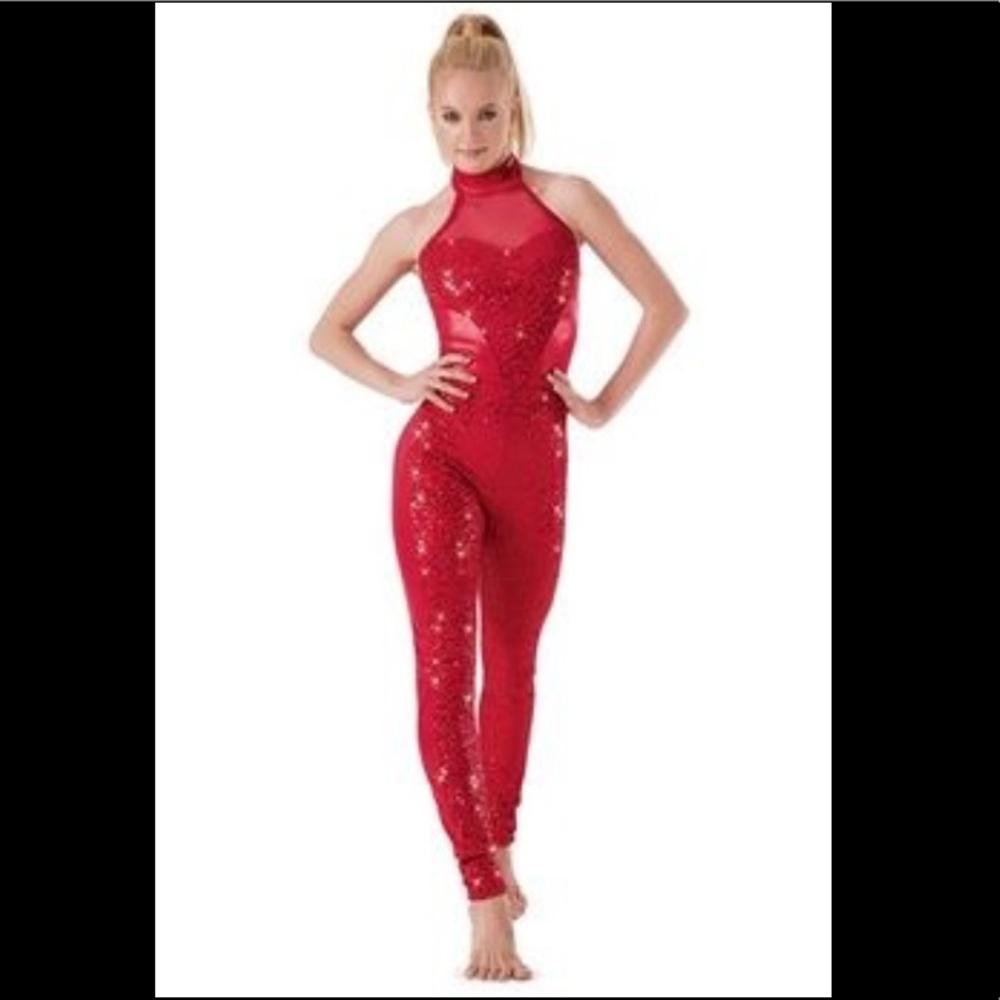 Red Halter Sequin Unitard